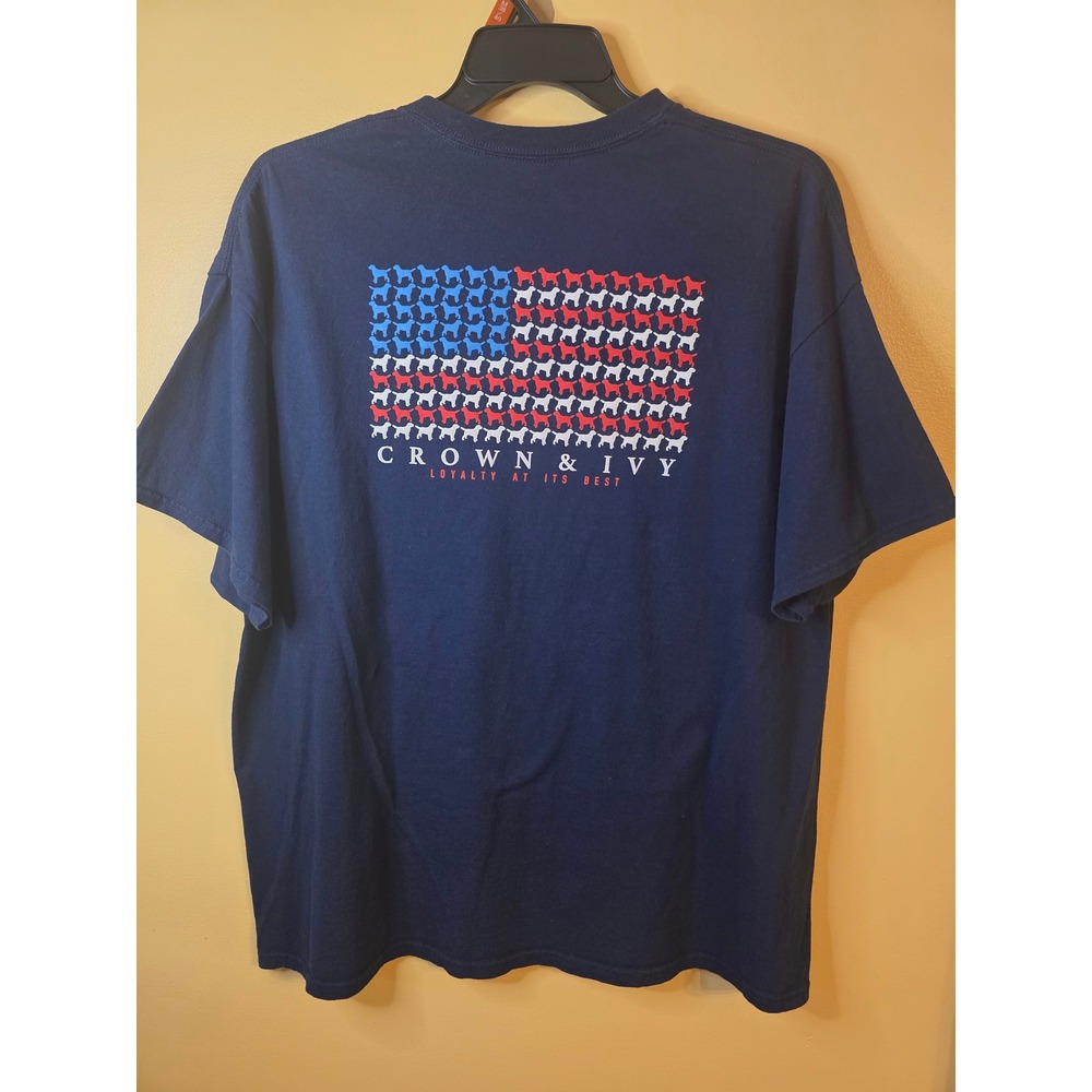 Crown & Ivy Mens XL Navy Blue Graphic T-Shirt American Flag Dog Loyalty Tee